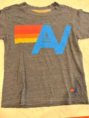 Aviator Nation Kids Heather Gray Tee with Blue Logo & Red-Orange-Yellow Stripe